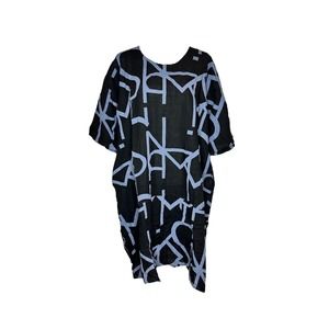 Women's Black Midi Linen Dress Size M Abstract Typography Tunic Transparente NWT